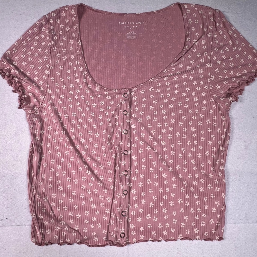 American Eagle Floral Button Front Top Womens Large Pink Excellent